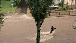 Самый отважный пешеход против наводнения